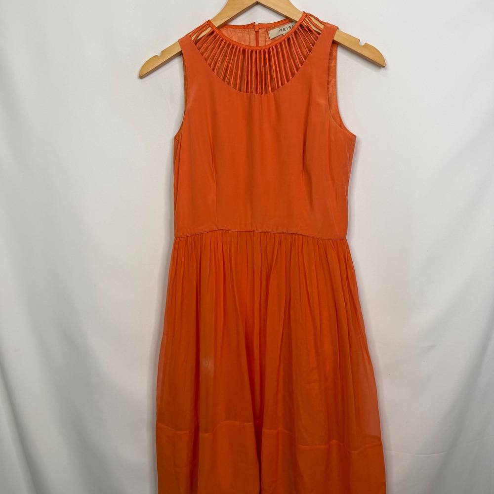 REISS Orange 100% Silk Cage Neckline Sleeveless Cocktail Dress Womens Size 4 - Picture 5 of 11